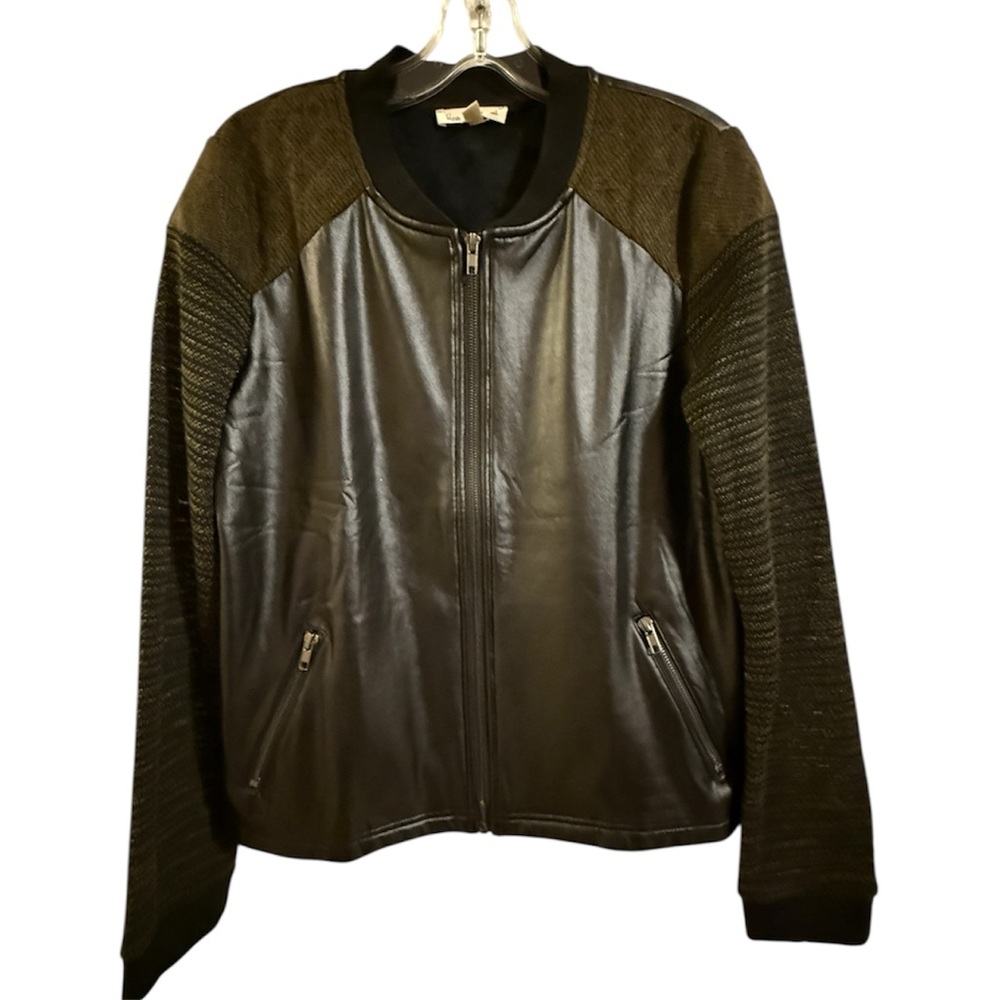 Hem & Thread Black Faux Leather Bomber Jacket with Knit Sleeves Medium